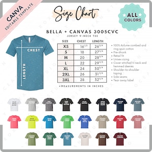 Bella Canvas 3005 CVC - Tabla de tallas y colores / Plantilla editable de Canva / Camiseta de cuello en V de jersey 3005CVC / Tabla de tallas 3005 / Tabla de tallas editable de CANVA