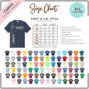 May include: Navy blue t-shirt with a size chart and color options. The size chart shows chest and length measurements in inches. The shirt is made of 100% cotton and has a tear-away label. There is a large selection of colors.
