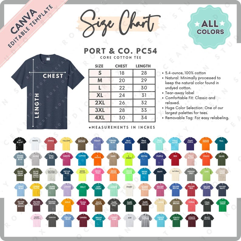 Peut inclure: T-shirt bleu marine avec un tableau des tailles et des options de couleurs. Le tableau des tailles indique les mesures de la poitrine et de la longueur en pouces. Le t-shirt est en 100% coton et poss&egrave;de une &eacute;tiquette d&eacute;tachable. Il existe un grand choix de couleurs.