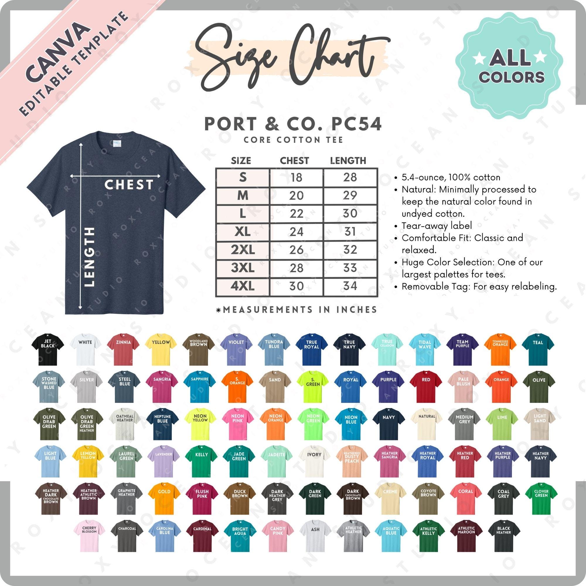 Port & Company PC54 Size + Color Chart | EDITABLE Canva Template