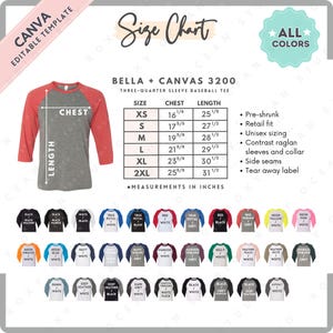 Bella Canvas 3200 Tabla de tallas y colores / Plantilla Canva EDITABLE / Camiseta de béisbol de manga tres cuartos 3200 / Tabla de tallas 3200 / Plantilla CANVA editable