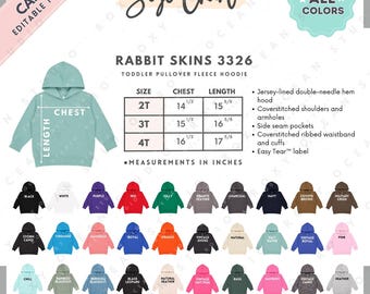 Rabbit Skins 3326 Size + Color Chart | EDITABLE Canva Template | 3326 Toddler Pullover Fleece Hoodie | 3326 Size Chart | CANVA Editable Size