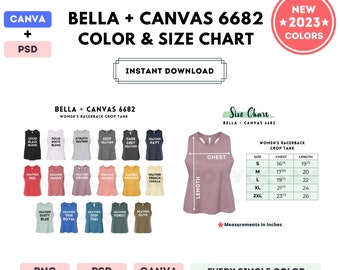 Bella Canvas 6682 Color + Size Chart | EDITABLE Canva Template | 6682 Women's Racerback Crop Tank | 6682 Size Chart | CANVA + PSD Editable