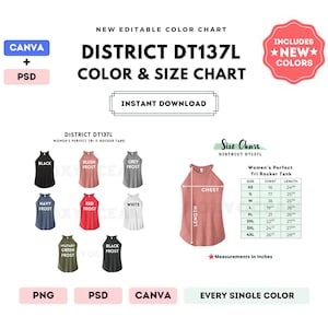 Tabla de colores y tallas District DT137L / Plantilla Canva editable / Camiseta de tirantes Tri Rocker Perfect DT137L / Tabla de tallas DT137L / Plantilla Canva editable + PSD