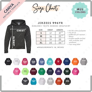 Jerzees 996YR Size + Color Chart | EDITABLE Canva Template | 996YR Youth Hooded Sweatshirt | 996YR Size Chart | CANVA Editable Size Chart
