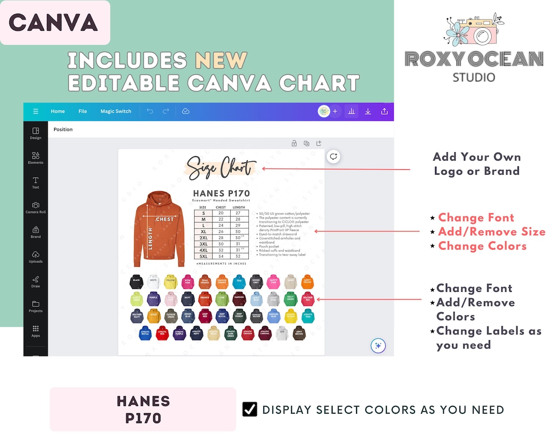 Hanes P170 Size + Color Chart | EDITABLE Canva Template | P170 Ecosmart ...