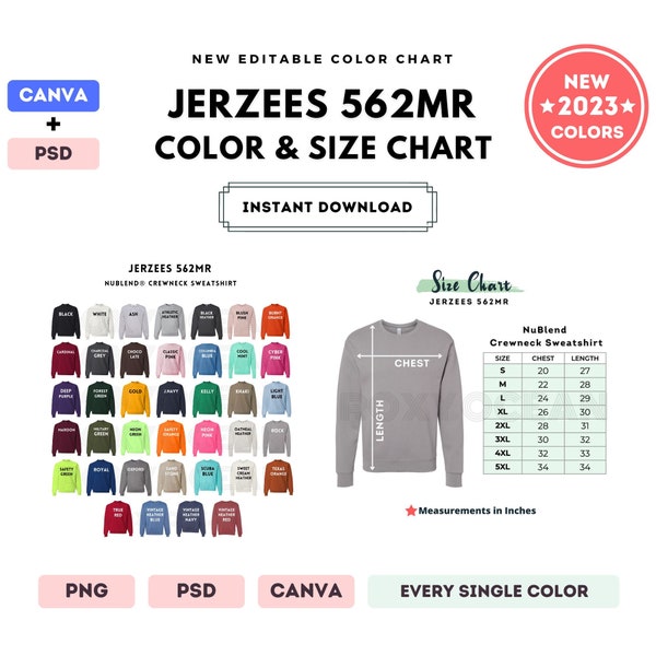 Jerzees 562MR Color + Size Chart | EDITABLE Canva Template | 562MR Crewneck Sweatshirt | 562MR Size Chart | CANVA + PSD Editable Color Chart