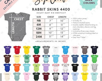 Rabbit Skins 4400 Size + Color Chart | EDITABLE Canva Template | 4400 Infant Baby Rib Bodysuit | 4400 Size Chart | CANVA Editable Size