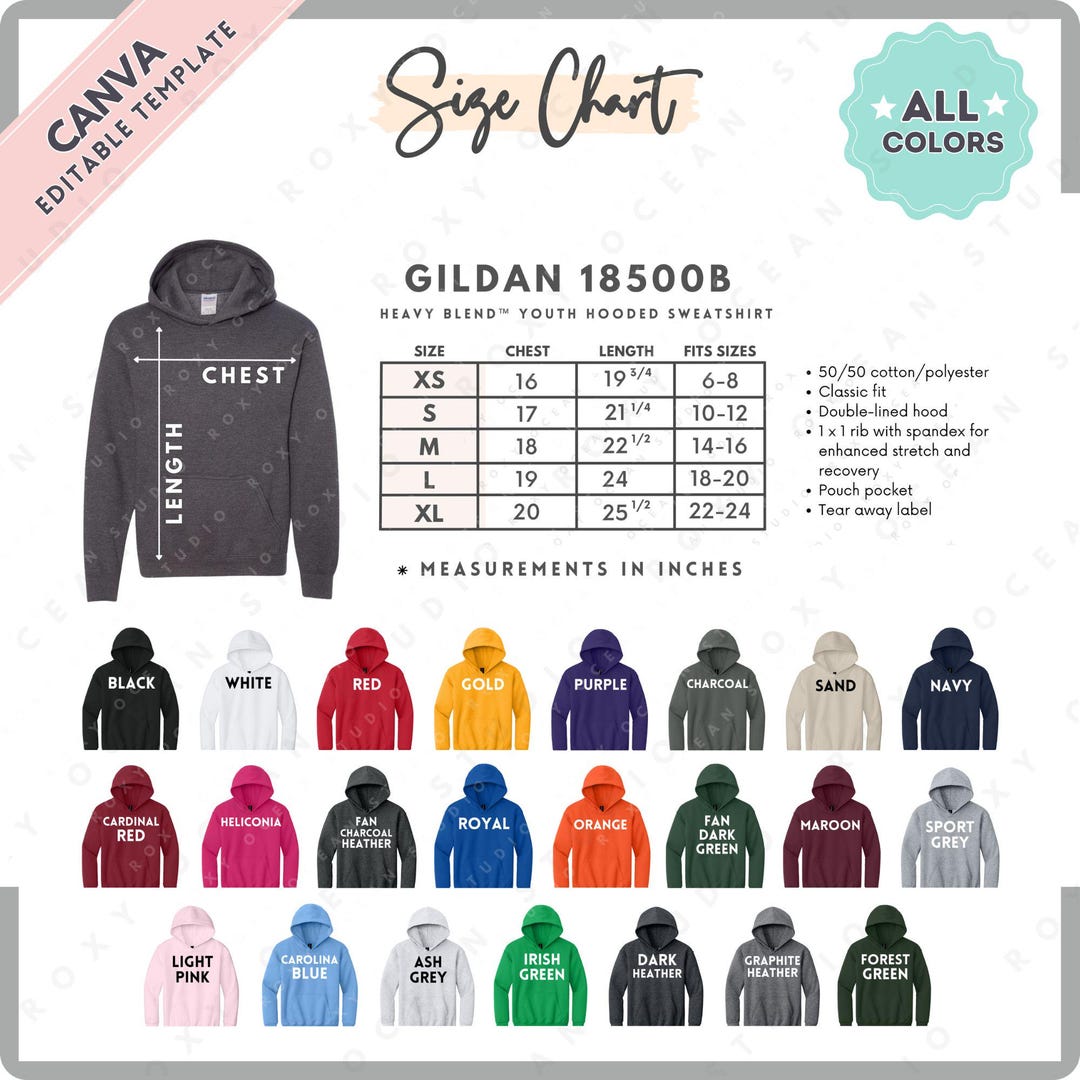 Gildan 18500B Size + Color Chart | EDITABLE Canva Template | G185B ...