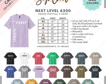 Next Level 6200 Size + Color Chart | EDITABLE Canva Template | 6200 Unisex Festival T-Shirt | 6200 Size Chart | CANVA Editable Size Chart