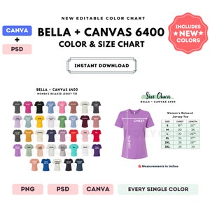 Bella Canvas 6400 Color + Tabla de tallas / Plantilla editable de Canva / Camiseta de jersey holgada 6400 / Tabla de tallas 6400 / Plantilla editable de Canva + PSD