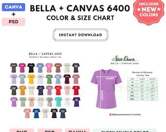 Bella Canvas 6400 Color + Size Chart | EDITABLE Canva Template | 6400 Relaxed Jersey Tee | 6400 Size Chart | CANVA + PSD Editable Template
