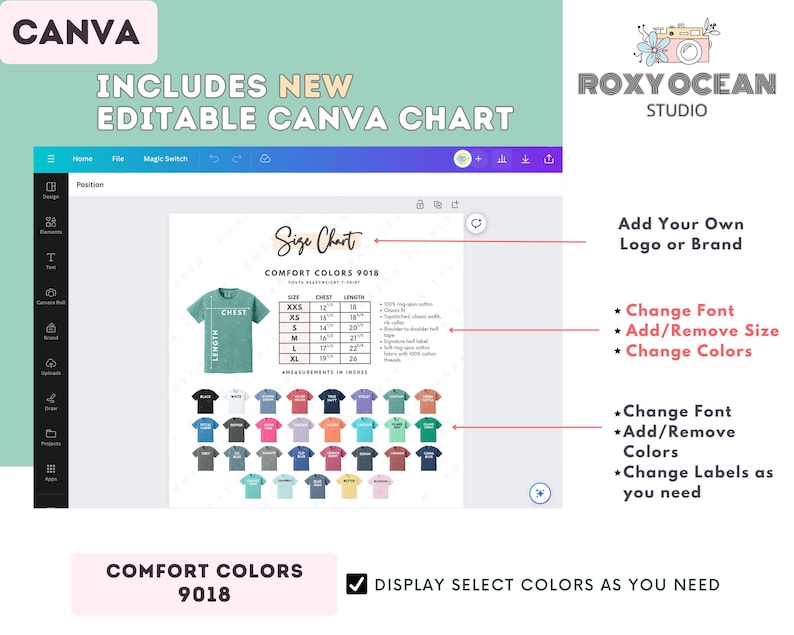 May include: A digital design template on a Canva screen, featuring a size chart for Comfort Colors 9018 t-shirts. The chart includes chest and length measurements in inches. The design allows for font, size, and color customization, and the addition of a logo.