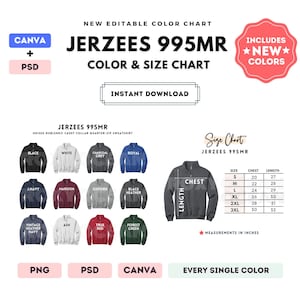 May include: A digital color and size chart for the Jerzees 995MR quarter-zip sweatshirt. It displays twelve color options, a sample sweatshirt with chest and length measurement lines, and a table listing sizes S to 3XL in inches.