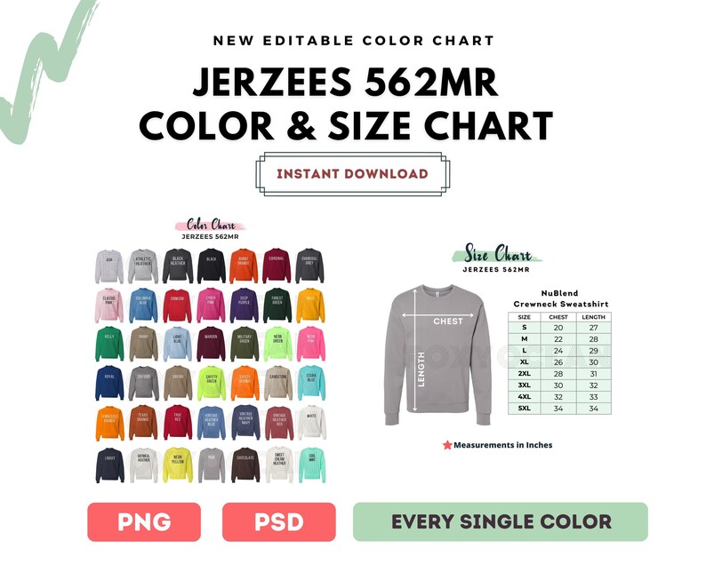 Jerzees 562MR Color Chart Digital File Color And Size Chart Etsy 