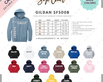 Tabela de Tamanhos e Cores da Blusa Gildan SF500B | Modelo EDITÁVEL no Canva | Blusa de Moletom com Capuz Juvenil SF500B | Tabela de Tamanhos da SF500B | Tabela de Tamanhos Editável no Canva