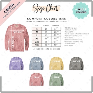 Comfort Colors 1545 Tabela rozmiarów i kolorów | EDYTOWALNY szablon Canva | Bluza z okrągłym dekoltem 1545 | Tabela rozmiarów 1545 | Edytowalna tabela rozmiarów CANVA