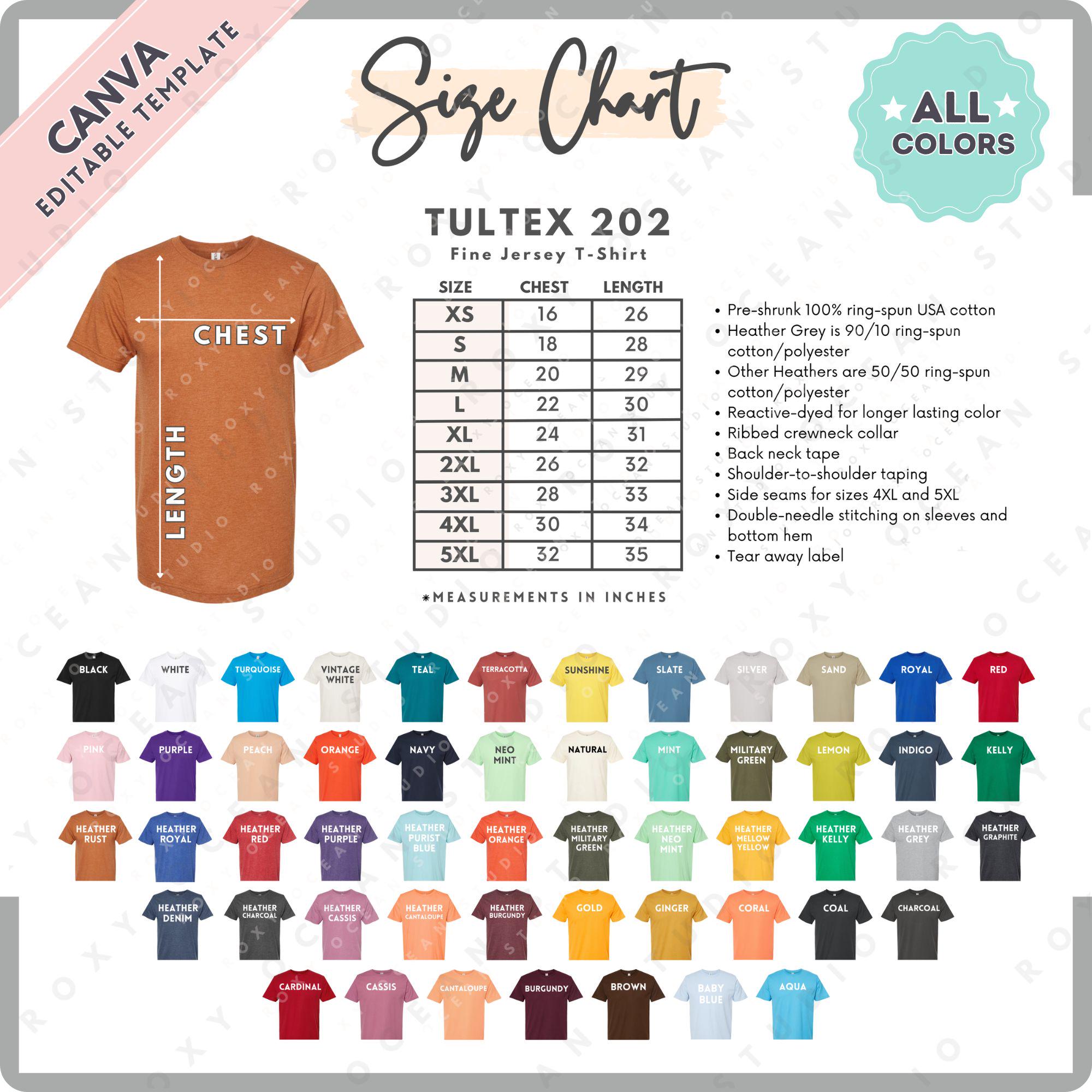 Tultex 202 Size + Color Chart | EDITABLE Canva Template | 202 Fine