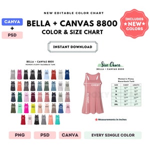 Bella Canvas 8800 Tabla de colores y tallas / Plantilla Canva editable / Camiseta de tirantes con espalda deportiva 8800 / Tabla de tallas 8800 / Tabla de colores editable en CANVA y PSD