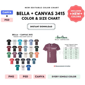 Bella Canvas 3415 Color + Tabla de tallas / Plantilla Canva EDITABLE / Camiseta de manga corta con cuello en V 3415 / Tabla de tallas 3415 / CANVA + PSD editable