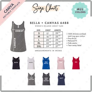 Tabla de tallas y colores Bella Canvas 6488 / Plantilla editable en Canva / Camiseta de tirantes de punto holgado para mujer 6488 / Tabla de tallas 6488 / Talla editable en CANVA