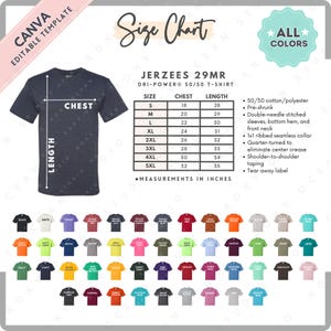 Jerzees 29MR Size + Color Chart | EDITABLE Canva Template | 29MR T-Shirt | 29MR Size Chart | CANVA Editable Size Chart