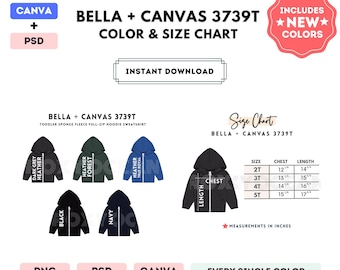 Bella Canvas 3739T Color + Size Chart | EDITABLE Canva Template | 3739T Toddler Full-Zip Hoodie | 3739T Size Chart | CANVA + PSD Editable