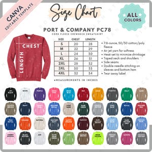 May include: A Port & Company PC78 core fleece crewneck sweatshirt size chart featuring a red sweatshirt, a measurement table in inches, and a list of available colors including black, white, purple, pink, blue, red, gold, charcoal, green, and sand.