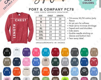 Port & Company PC78 Size + Color Chart | EDITABLE Canva Template | PC78 Core Fleece Crewneck Sweatshirt | PC78 Size Chart | CANVA Editable