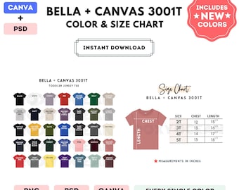 Bella Canvas 3001T Color + Size Chart | EDITABLE Canva Template | 3001T Toddler Jersey Tee | 3001T Size Chart | CANVA + PSD Editable Chart