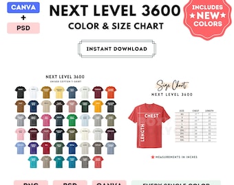 Tabella colori e taglie Next Level 3600 / Modello Canva modificabile / T-shirt unisex in cotone 3600 / Tabella taglie 3600 / Modello modificabile CANVA + PSD