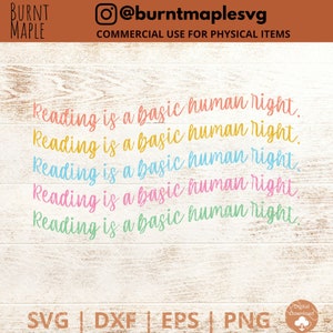 May include: A digital download of a graphic design featuring the text "Reading is a basic human right" repeated five times in different colors on a woodgrain background. The design is available in SVG, DXF, EPS, and PNG formats.