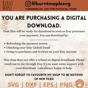 Puede incluir: Un gr&aacute;fico de descarga digital con el texto "YOU ARE PURCHASING A DIGITAL DOWNLOAD." y una lista de tipos de archivos: SVG, DXF, EPS y PNG. El gr&aacute;fico tiene un fondo de madera marr&oacute;n y una superposici&oacute;n de texto blanco.