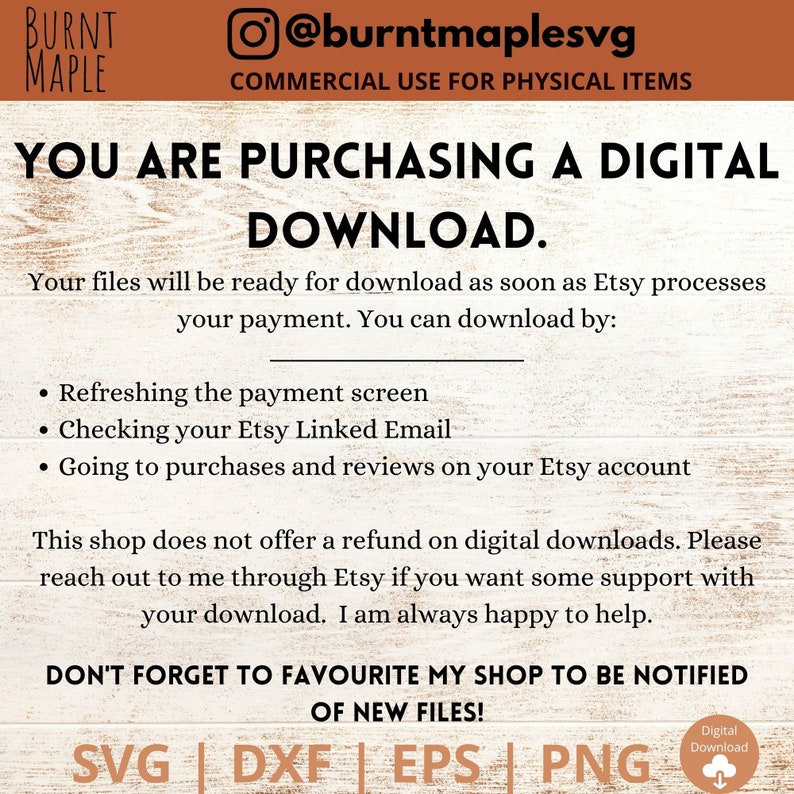 Puede incluir: Un gr&aacute;fico de descarga digital con el texto "YOU ARE PURCHASING A DIGITAL DOWNLOAD." y una lista de tipos de archivos: SVG, DXF, EPS y PNG. El gr&aacute;fico tiene un fondo de madera marr&oacute;n y una superposici&oacute;n de texto blanco.
