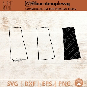 May include: Three SVG digital files featuring the outline of the Canadian province of Saskatchewan. One is black, one is an outline, and one is a solid black shape. The word "Saskatchewan" is written in cursive on one. The image includes the text "BURNT MAPLE" and "@burntmaplesvg".