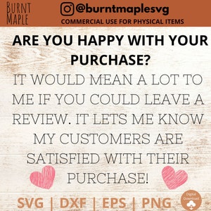 Puede incluir: Un gr&aacute;fico digital con un fondo de madera y corazones rosas. El texto dice "&iquest;Est&aacute;s contento con tu compra? Me har&iacute;a mucha ilusi&oacute;n que dejaras una rese&ntilde;a. Me permite saber que mis clientes est&aacute;n satisfechos con su compra!" El texto tambi&eacute;n incluye "SVG | DXF | EPS | PNG" y "Descarga digital".