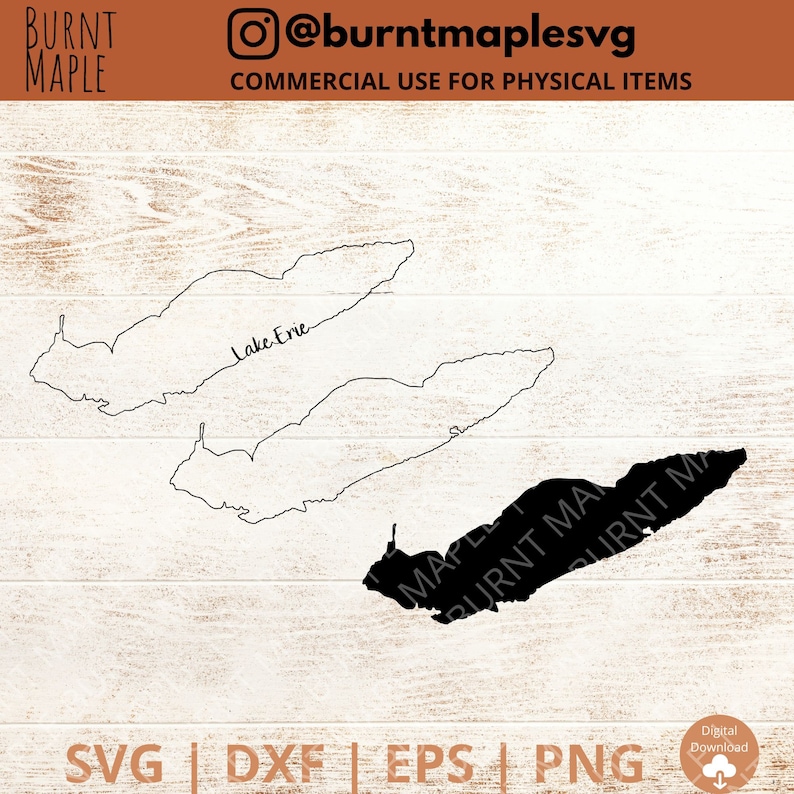 Lake Erie map SVG, DXF, EPS, PNG silhouette, outline, with or without Lake Erie imbedded into the design.