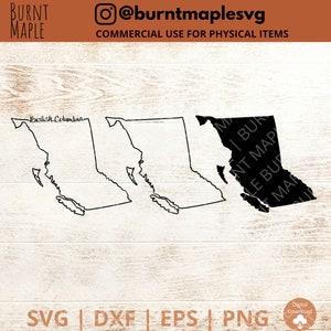 May include: A black and white outline of the province of British Columbia, Canada. The outline is repeated three times, with the third outline filled in black.