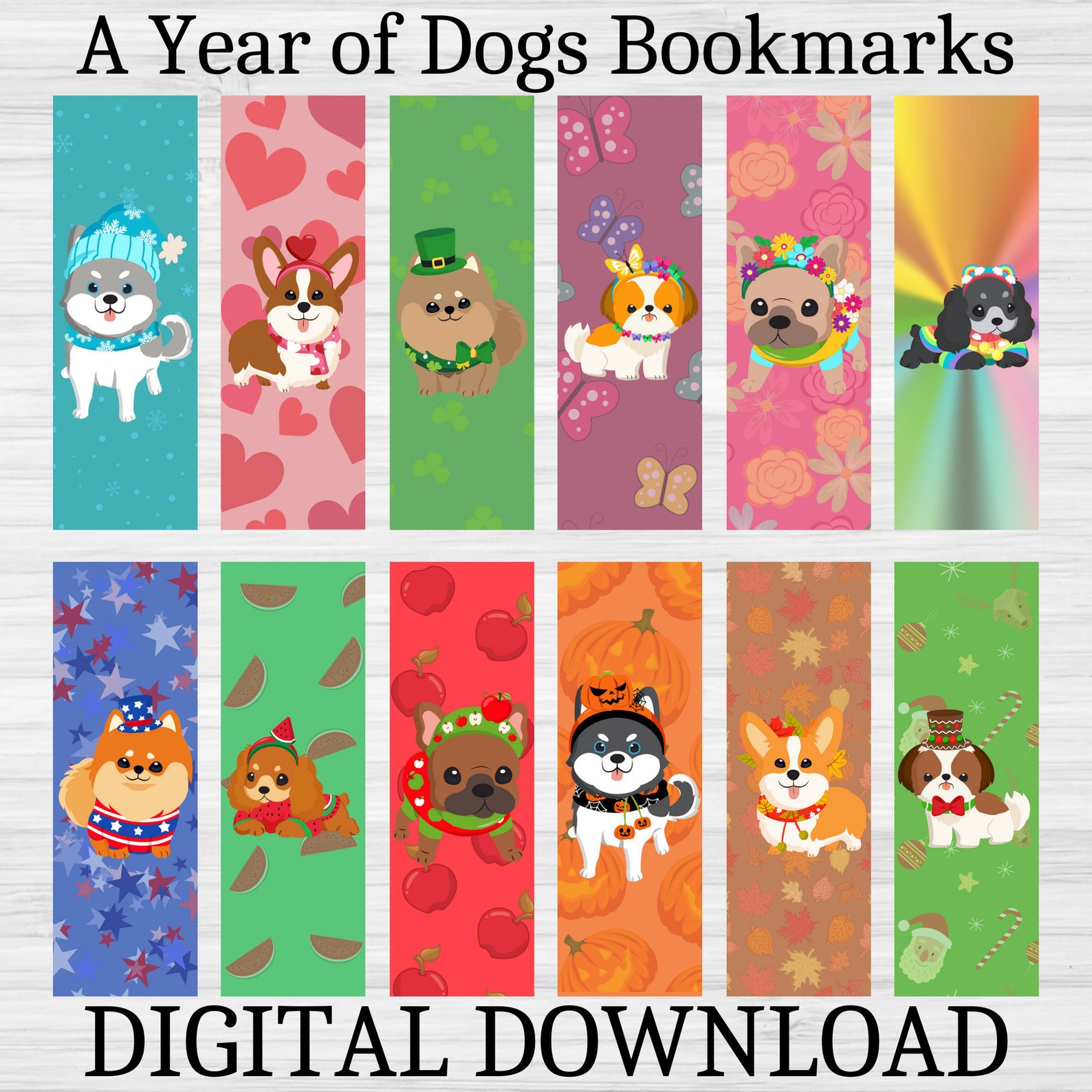 A Year Of Dogs Bookmarks Dog Bookmarks Monthly Dog Etsy