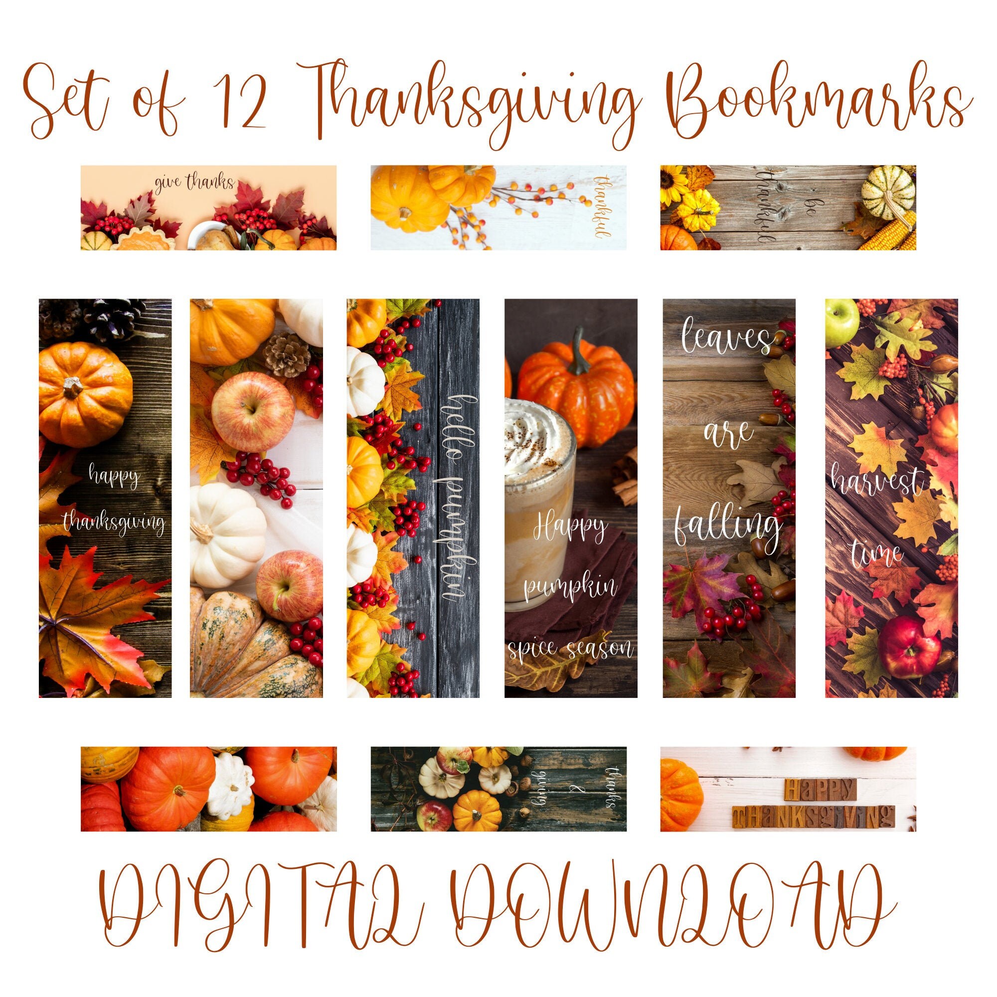 Set of 12 Thanksgiving Bookmarks Digital Bookmarks Digital | Etsy