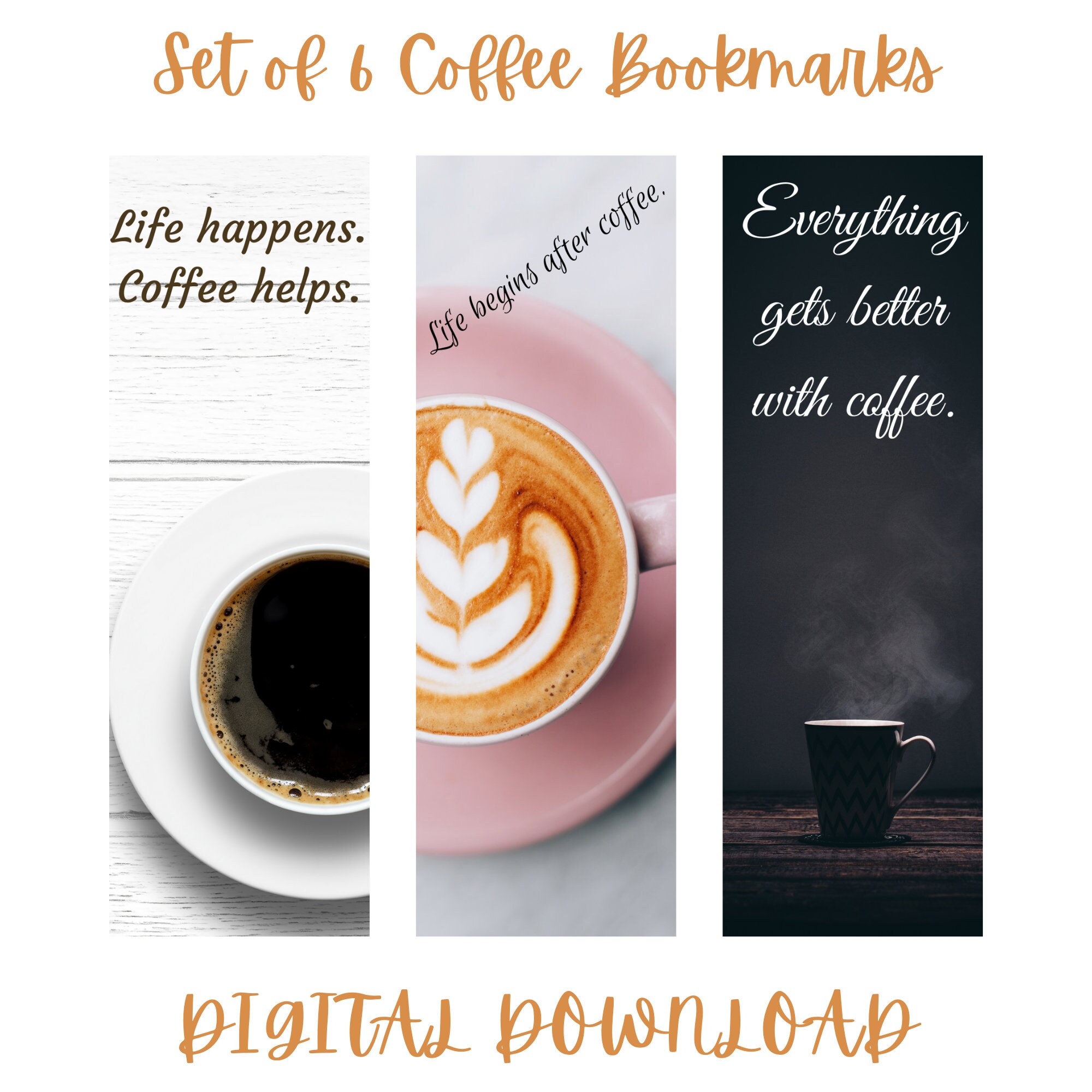 Set of 6 Coffee Bookmarks Digital Bookmarks Digital Coffee Etsy
