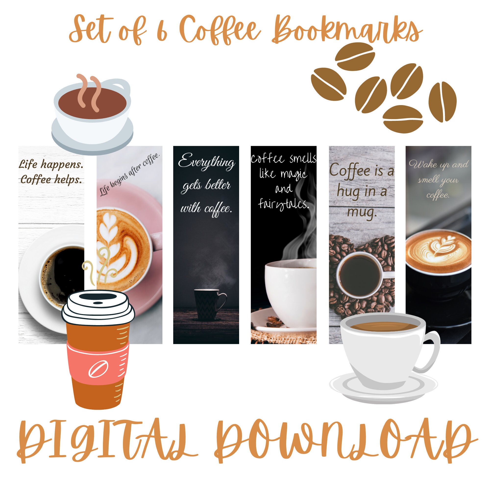 Set of 6 Coffee Bookmarks Digital Bookmarks Digital Coffee Etsy