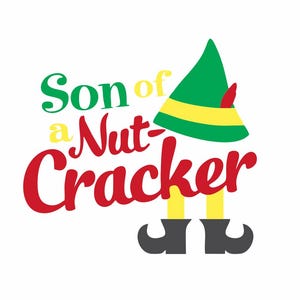 Puede incluir: Ilustración roja, verde y amarilla de un elfo con el texto "Son of a Nut-Cracker".