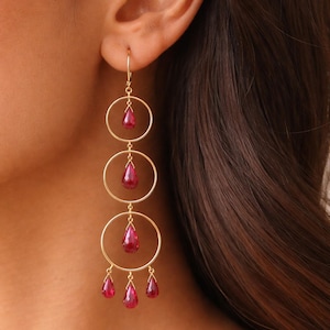 Teardrop Ruby Chandelier Earrings – 14K Gold, July Birthstone, 925 Sterling Silver