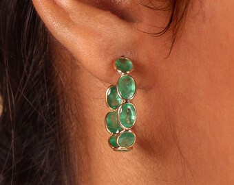 18k Yellow Gold Emerald Hoop Earrings, May Birthstone