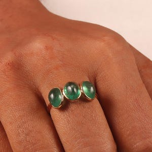 Emerald Three Stone Bezel Ring, Sterling Silver, 14K Gold, 18K Gold, May Birthstone Band