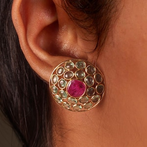 18k Yellow Gold Round Stud Earrings, Emerald & Ruby Gemstone