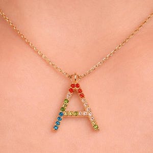 14k Gold Multi-Sapphire Initial Pendant, Rainbow Letter Charm, 925 Silver Charm