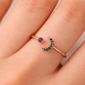 Ruby Sapphire Crescent Moon Ring, Celestial Dainty, 925 Silver 14K 18K Gold