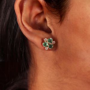 Natural Emerald Gemstone Stud Earrings Solid 18k Yellow Gold Jewelry, Real Diamond Jewellery, Gift For Women, Bride, May Birthstone, Wedding